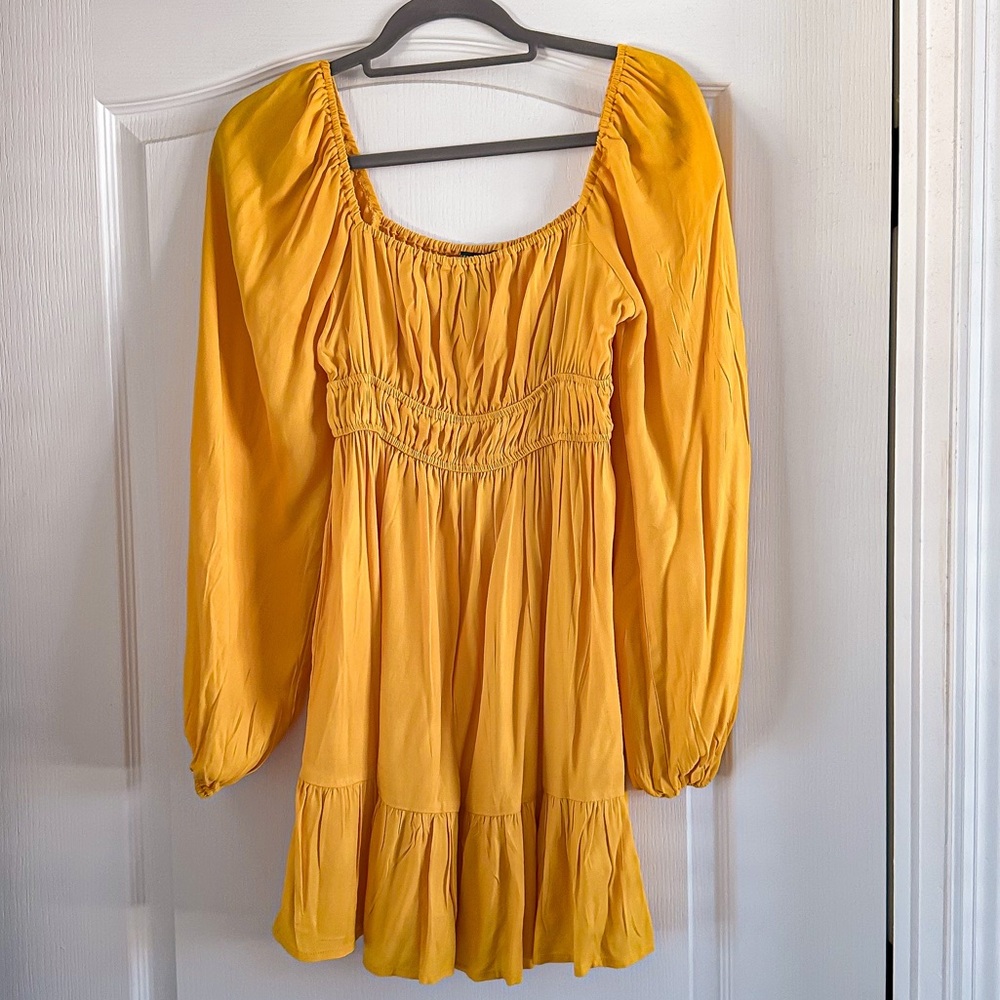 Women’s yellow, mini dress, forever, 21, puffy sleeves, flowing summer